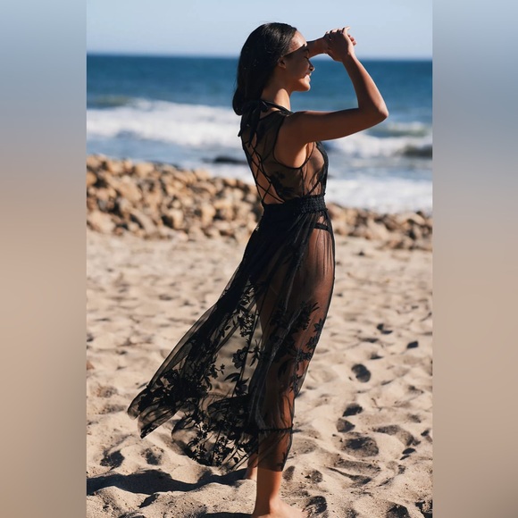 By Anthropologie Embroidered Mesh Maxi Dress black Women’s SIZE MEDIUM lace dark - Picture 3 of 14